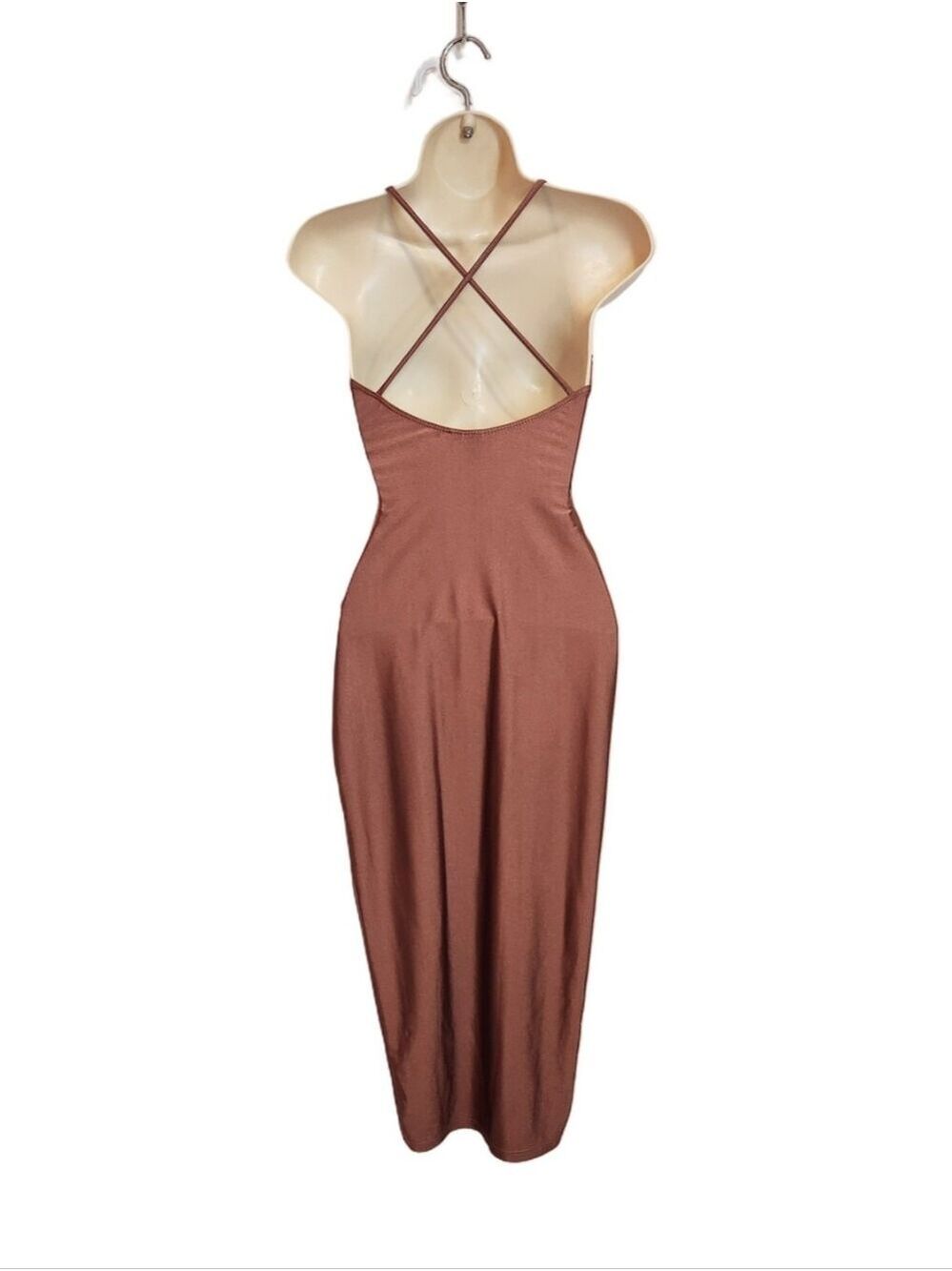 Windsor Satin Spaghetti Strap Asymmetrical Split Party Midi Dress Brown X-Small - Picture 6 of 10